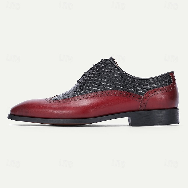 Men's Red and Black Woven Leather Oxford Shoes – Premium Cowhide, Brogue Detailing, Formal Dress Shoes for Business Meetings and Special Occasions3