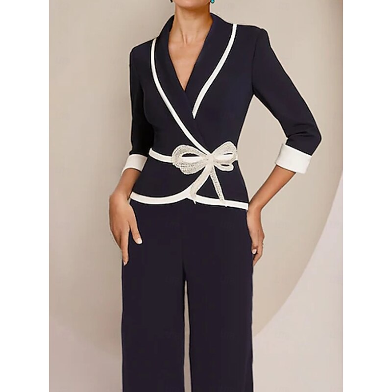 Women's 2 Pieces Suits Formal Wedding Guest Wedding Party Chiffon Elegant 3/4 Sleeve Pleated Floor Length Shawl Lapel3