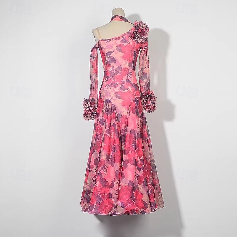 Ballroom Dance Dress Printing Pure Color Splicing Women's Performance Party Long Sleeve Chiffon Mesh Ice Silk2