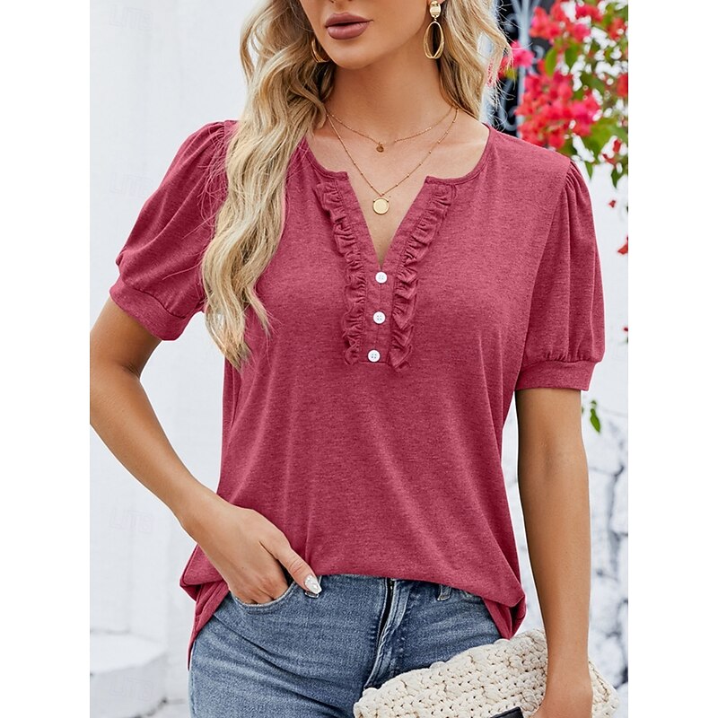 Women's T Shirt Plain Basic Casual Short Sleeve V Neck Regular Tops Daily Weekend Ruffle Buttons Wine Green Summer