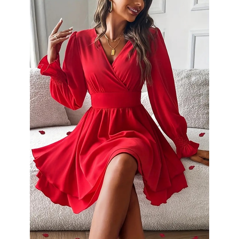 Women's Mini Dress Casual Dress A Line Dress Stylish Casual Vacation Daily Regular Fit Plain Long Sleeve V Neck Black Red Summer Spring