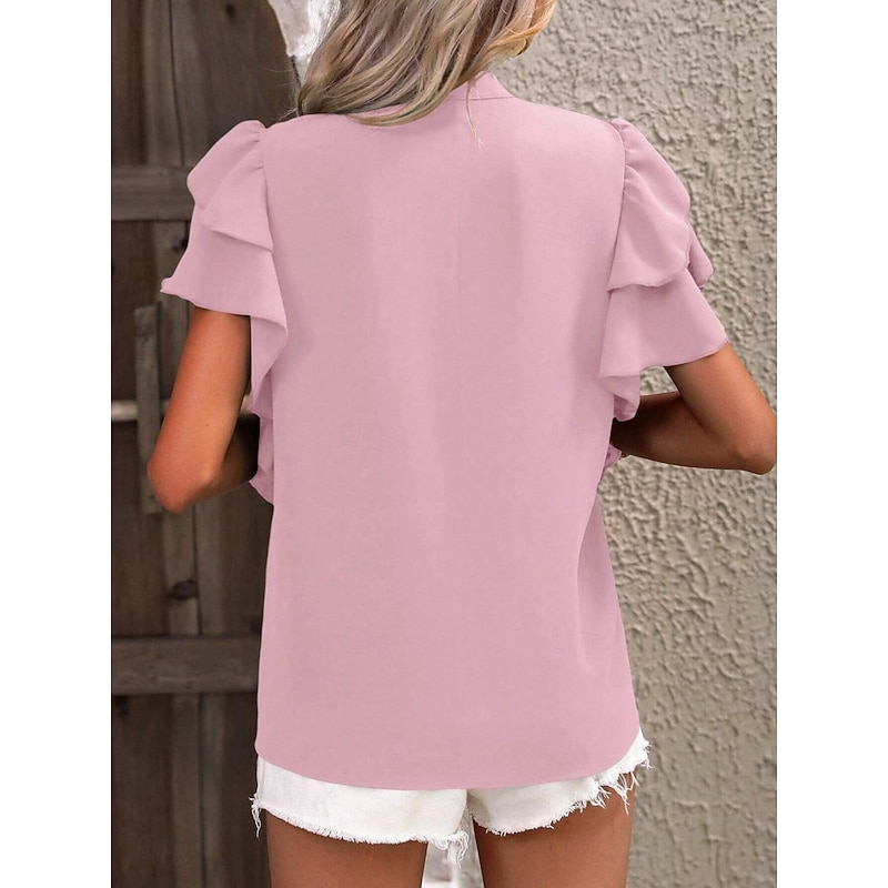 Women's Shirt Blouse Solid Color Stylish Casual Short Sleeve Notched Neck Regular Tops Daily Ruffle Pink Wine Summer2
