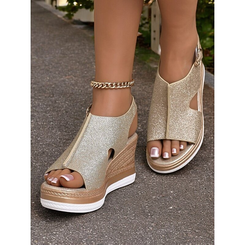 Women's Glitter Gold Wedge Sandals with Cut-Out Design, Adjustable Strap,  Perfect for Summer Parties, Weddings, and Evening Events