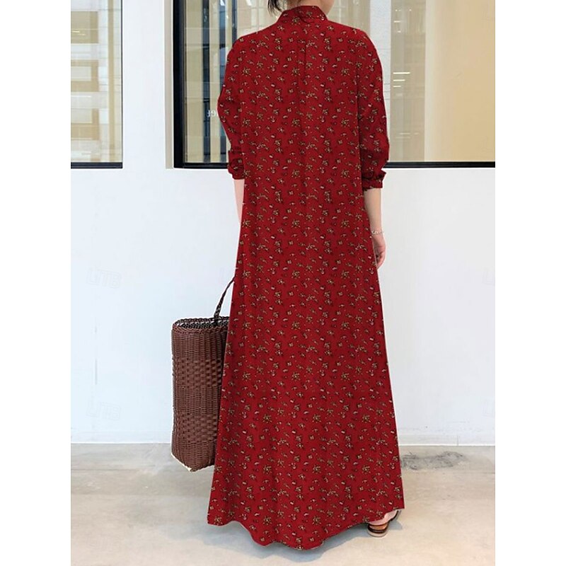 Women's Maxi Dress Cotton Linen Dresses Shirt Dress Elegant Vintage Stylish Vacation Party Daily Loose Fit Graphic Long Sleeve Shirt Collar Wine Royal Blue Green Spring Fall Winter4