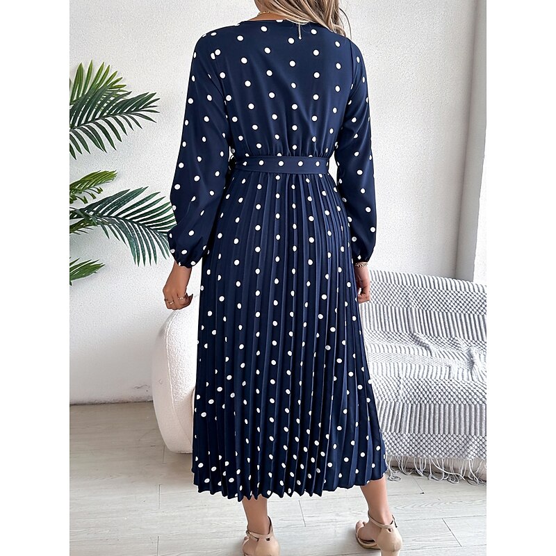 Women's Maxi Dress Casual Dress A Line Dress Stylish Casual Vacation Daily Regular Fit Polka Dot Long Sleeve V Neck Wine Navy Blue Spring Fall2