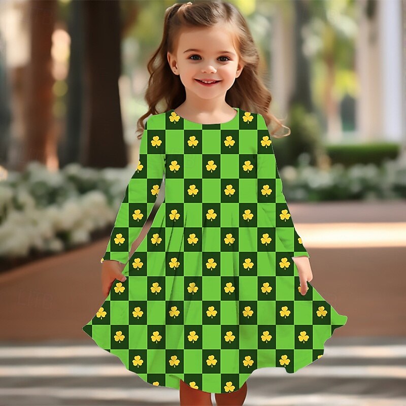 St. Patrick Girls' 3D Graphic Four Leaf Clover Dress Long Sleeve Summer Spring Vacation Daily Holiday Princess Beautiful Sweet Kids 4-12 Years Casual Dress A Line Dress Knee-length Regular Fit3