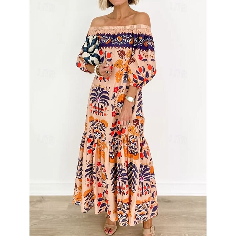 Women's Maxi Dress Casual Dress Boho Chic Dresses Boho Dress Bohemia Cute Stylish Vacation Daily Beach Loose Fit Graphic Long Sleeve Off Shoulder Orange Summer Spring