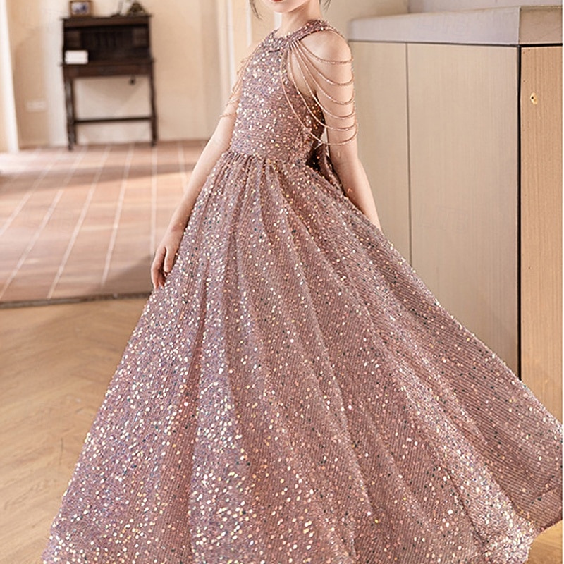 Flower Girl Dress Kid's Girls' Princess Dress Performance Wedding Party Elegant Beautiful Sequins Solid Color Sleeveless Crew Neck Black Red 4 years+3