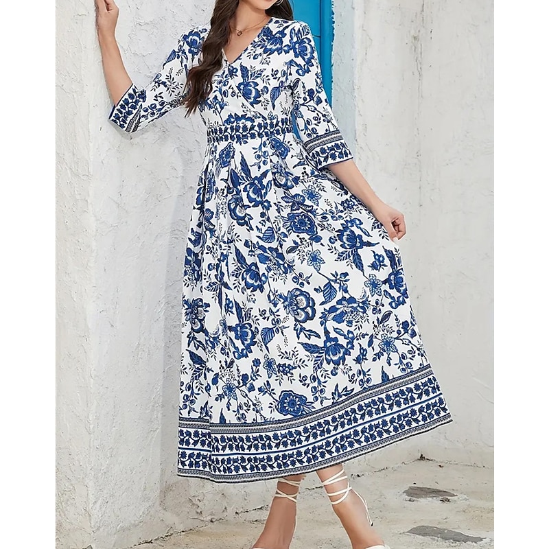 Women's Midi Dress A Line Dress Summer Dress Boho Dress Elegant Stylish Ethnic Vacation Daily Date Regular Fit Floral 3/4 Length Sleeve V Neck Blue Summer3