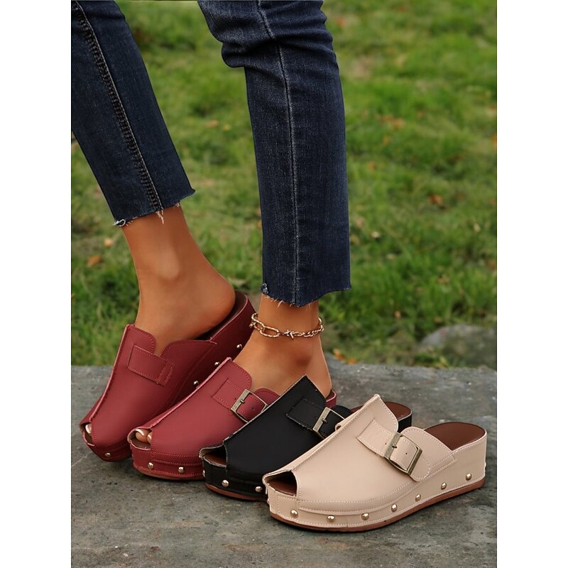 Women's Peep-Toe Wedge Mules with Buckle Straps and Studded Accents – Comfortable Slip-On Sandals for Casual Wear and Summer Outings