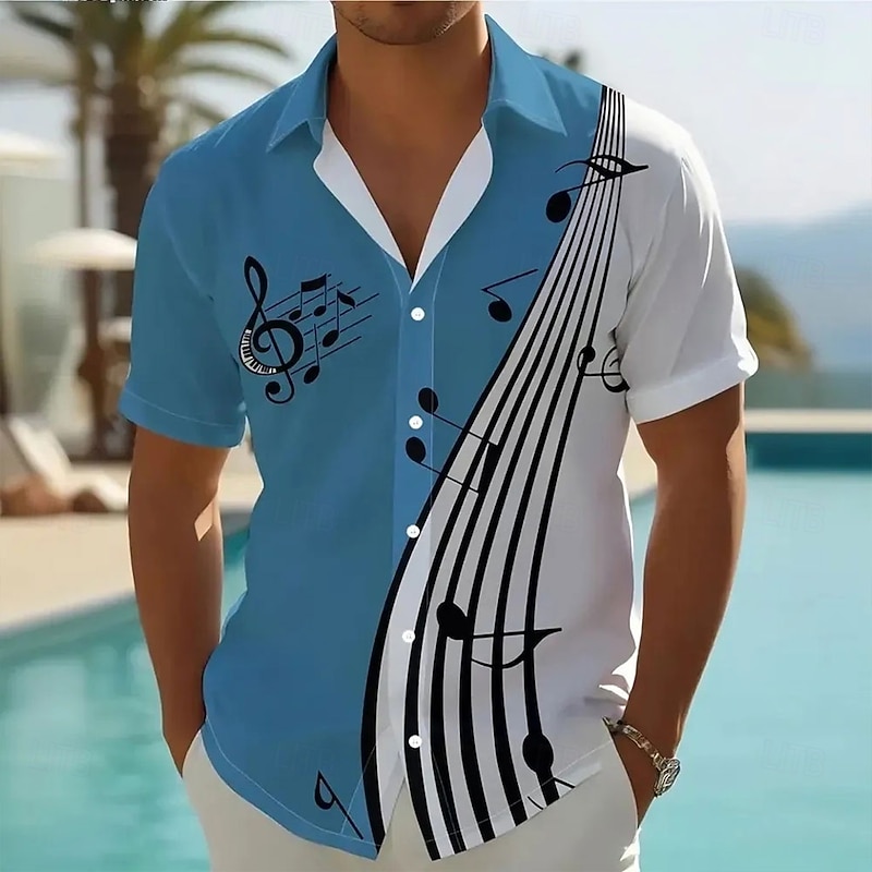 Men's Boardmasters Striped Musical Notes Shirt Button Up Shirt Short Sleeve Fashion Casual Vacation Sports Outdoor Beach Wear Summer Spring Turndown Collared Shirts Blue