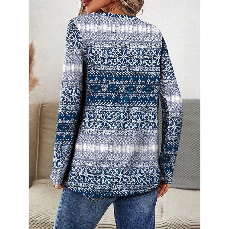 Women's T shirt Crew Neck Long Sleeve Tunic Graphic Geometric Casual  Regular Tops Daily Print Dusty Blue Spring Fall2