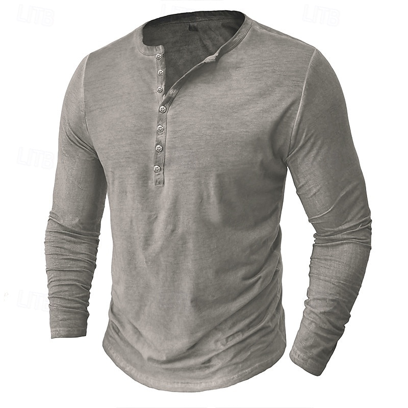 Men's Henley Shirt Tee Top Long Sleeve Shirt Long Sleeve Plain Vintage Fashion Basic Button Up Henley Vacation Street Going out Summer Dark Grey Blue Light Grey Henley T-Shirt
