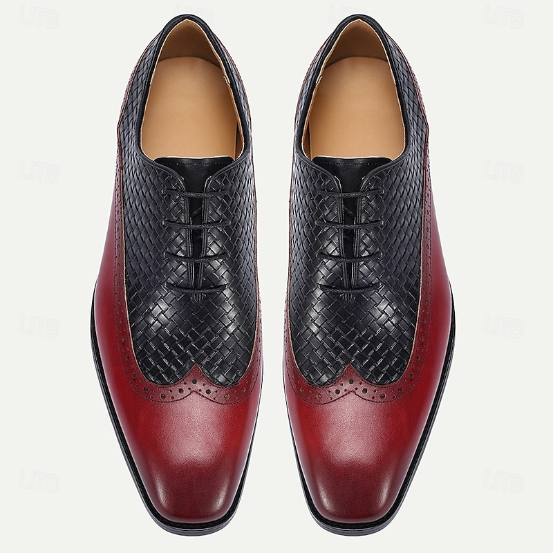 Men's Red and Black Woven Leather Oxford Shoes – Premium Cowhide, Brogue Detailing, Formal Dress Shoes for Business Meetings and Special Occasions4
