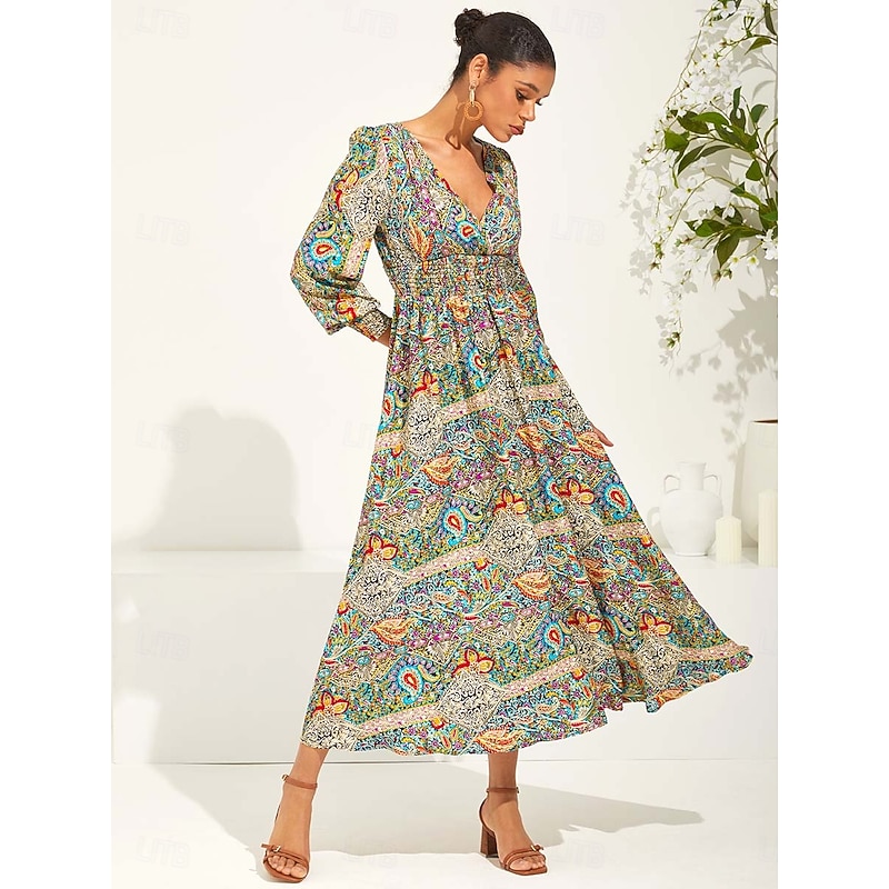 Women's Maxi Dress Ethnic Dress Swing Dress Elegant Stylish Vacation Loose Fit Graphic Paisley Long Sleeve V Neck Green Summer Spring