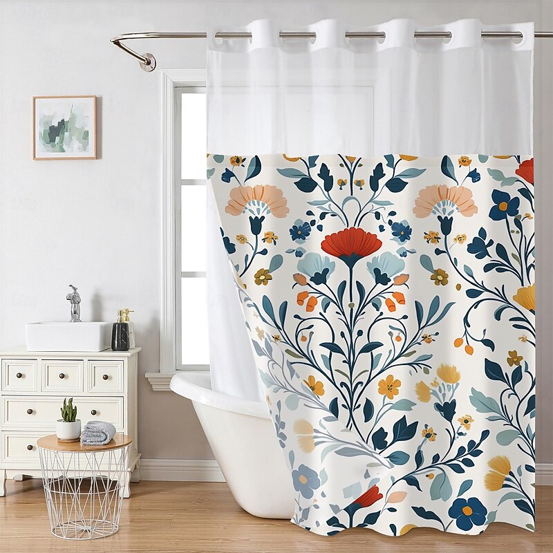 Flower Waffle-Weave Textured Shower Curtain Set with Snap-in Liner Sheer Window Water-Repellent Polyester Blend Fabric,Grommet Top,120GSM Hotel Quality Spa Style Bathroom Partition No Hooks Required3