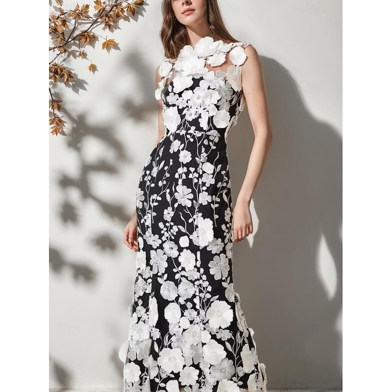 Sheath / Column Elegant Dress Wedding Wedding Guest Ankle Length Sleeveless with 3D Floral Lace Appliques