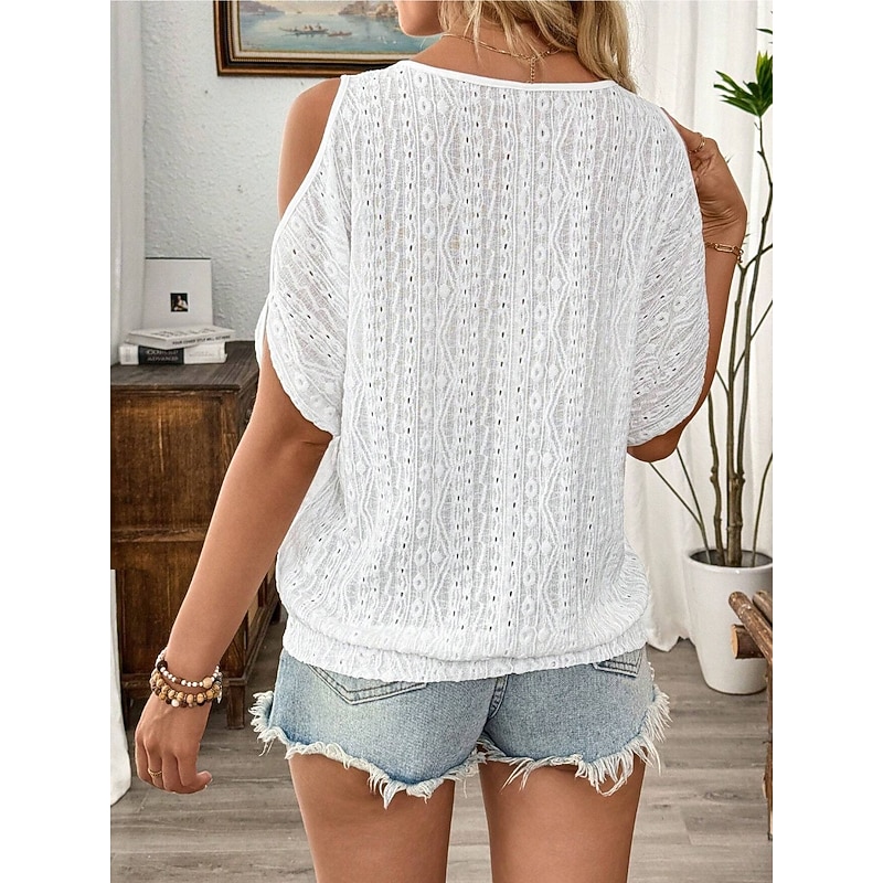 Women's White Elegant Lace Tops Eyelet Blouse Stylish Casual Solid Color Regular Tops Half Sleeve Crew Neck Loose Fit Daily Romantic Petite Tops Summer Holiday Wear Going out White Blue Spring Fall2