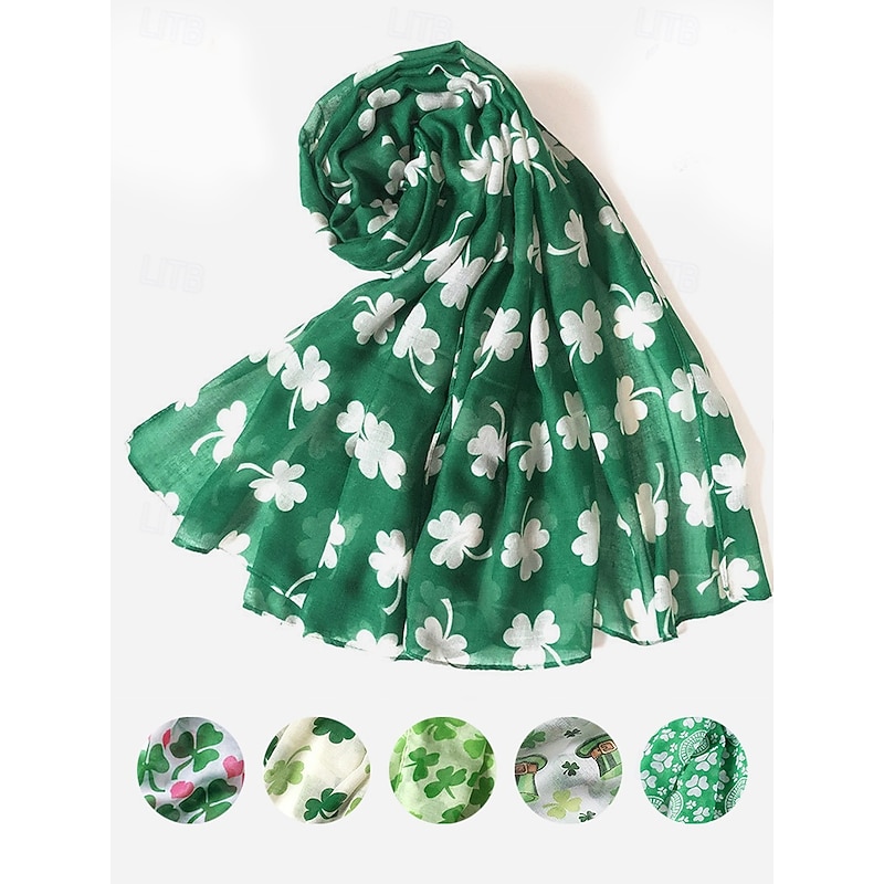 St. Patrick's Day Shamrock Scarf for Women, Lightweight Clover Print Wrap, Festive Green Accessory for Holiday Celebrations, Parties, and Everyday Wear