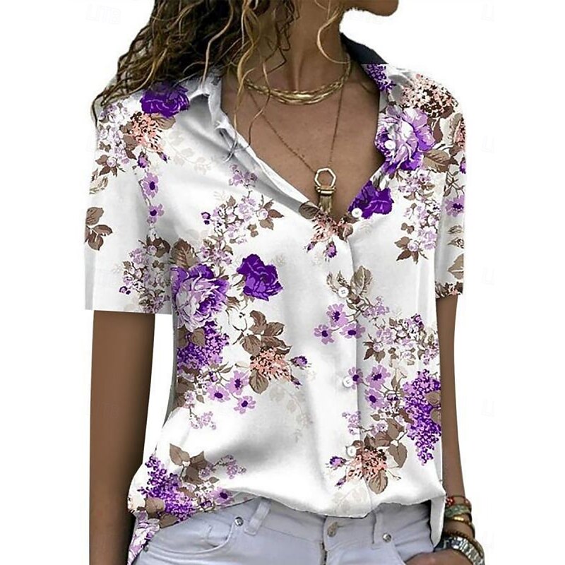 Women's Shirt Blouse Floral Stylish Casual Short Sleeve Shirt Collar Regular Tops Daily Buttons Print Blue Purple Green Summer Spring