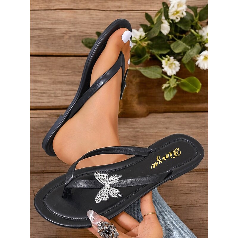 Women's Brown T-Strap Sandals with Rhinestone Butterfly Decoration - Casual Summer Flip Flops for Beach and Everyday Wear4