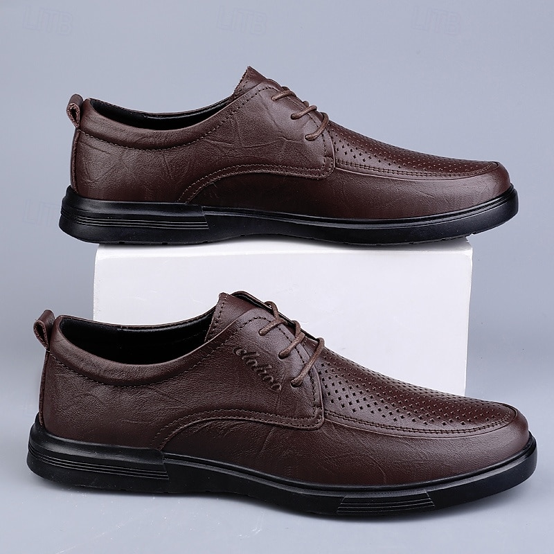Men's Brown Perforated Leather Lace-Up Shoes – Stylish Casual and Business Shoes for Everyday Wear2