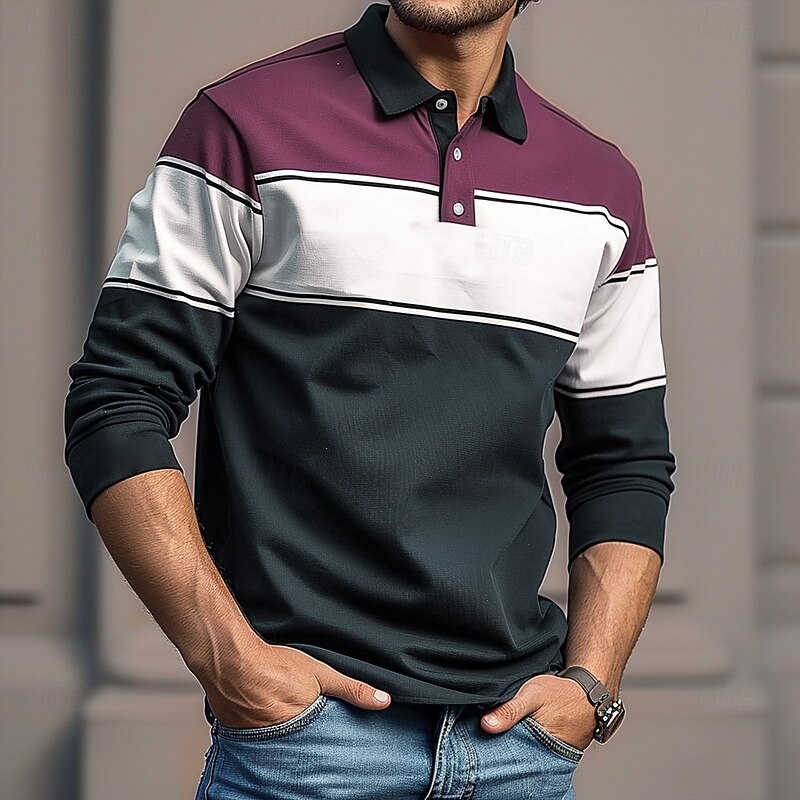 Men's Stripes Rugby Polo Long Sleeve Polo Shirts Collared Shirts Casual Outdoor Athleisure 3D Print Spring Fall Winter Red Blue Purple3