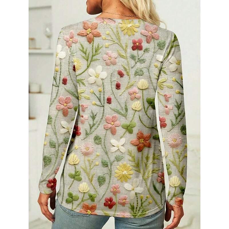 Women's T shirt Long Sleeve Crew Neck Long Sleeve Tunic Floral Graphic Casual Regular Tops Daily Print Grass Green Spring Fall Prefall2