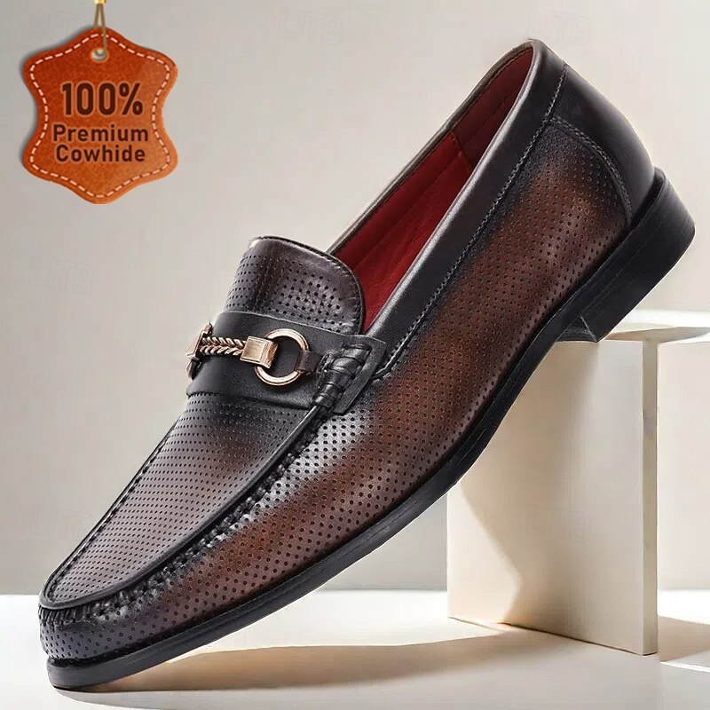 Men's Perforated Brown Leather Loafers – Premium Cowhide, Metal Buckle Decoration, Breathable Business Casual Shoes for Office and Formal Events