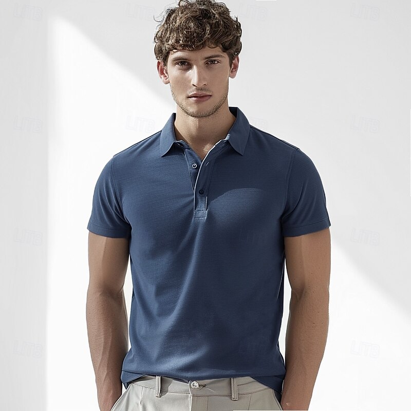 Men's 100% Cotton Polo Work Business Turndown Short Sleeve Vacation Vintage Solid Color Buttons Summer Spring Dark Grey Lake blue Army Green Polo