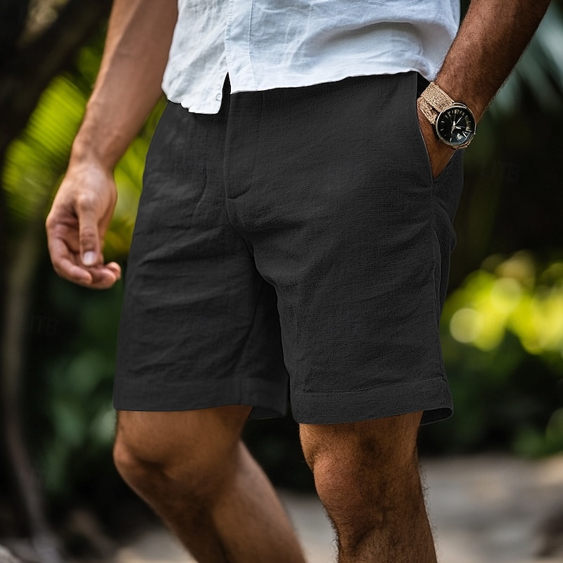 Men's Shorts Linen Shorts Dress Shorts Summer Shorts Zipper Pocket Buttons Plain Comfort Soft Outdoor Daily Going out Fashion Retro Vintage Black White3