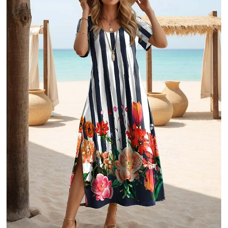 Women's Maxi Dress Casual Dress T Shirt Dress Tee Dress Sundress Bohemia Date Regular Fit Geometric Short Sleeve Crew Neck Black White Pink Purple Summer2