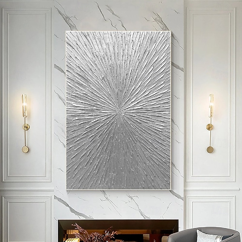 Silver Rays Abstract Thick Textured Original Oil Painting Living Room Wall Art Decor Vertical Wall Art Silver Minimalist Painting on Canvas