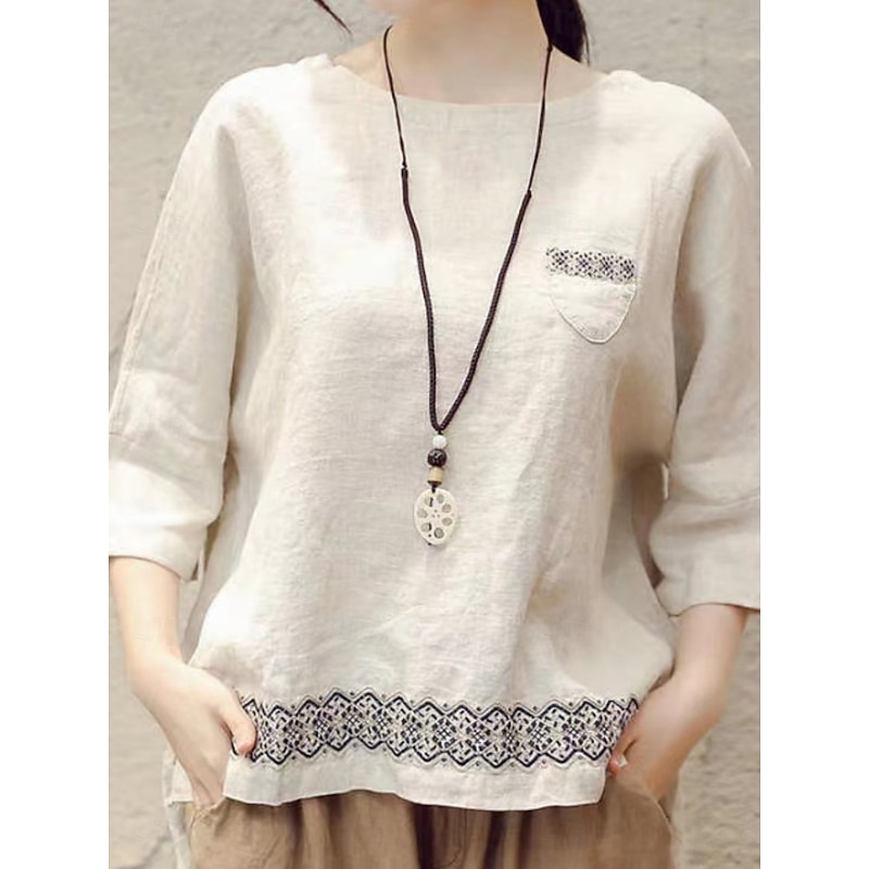 Women's Shirt Blouse Cotton Linen Shirts Geometric Basic Casual 3/4 Length Sleeve Crew Neck Regular Tops Daily Patchwork White Brown Green Summer Spring