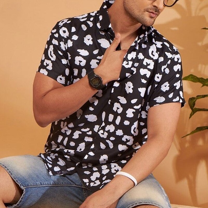 Men's Geometric Pattern Beach Shirt Button Down Shirt Short Sleeve Fashion Casual Vacation Holiday Party Wear Summer Spring Turndown 3D Print Black3