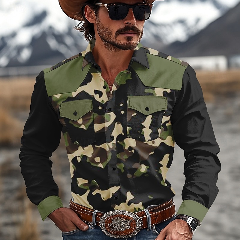 Men's Camouflage Western Shirt Cowboy Shirt Long Sleeve Western Sports Outdoor Spring Fall Turndown Button Up 2 Pockets Green Beige