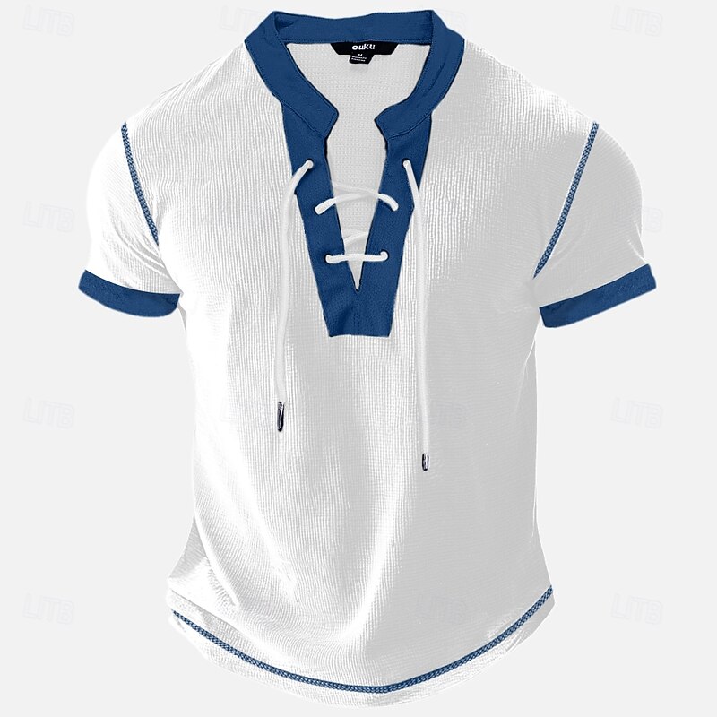 Men's Waffle T-shirt Henley Shirt Short Sleeve Shirt Tee Top Short Sleeve V Neck Summer Patchwork Fashion Daily Lace up Drawstring Outdoor Street Causal Black White Navy Blue Top Tee for Men2