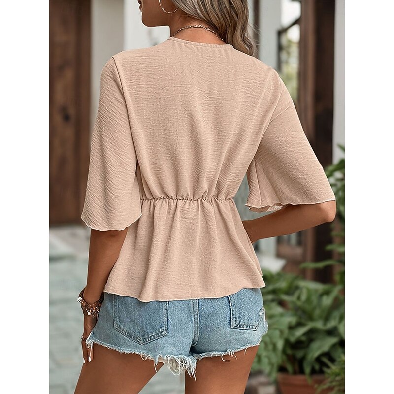 Women's Shirt Blouse Solid Color Stylish Casual Half Sleeve V Neck Regular Tops Daily Tie Front Khaki Summer Spring2
