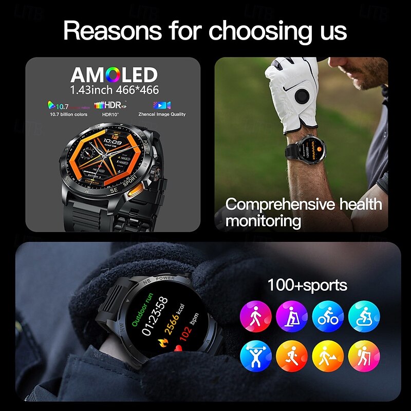 696 AK77 Smart Watch 1.43 inch Smart Band Fitness Bracelet Bluetooth Pedometer Call Reminder Sleep Tracker Compatible with Android iOS Women Men Hands-Free Calls Message Reminder Camera Control IP 673