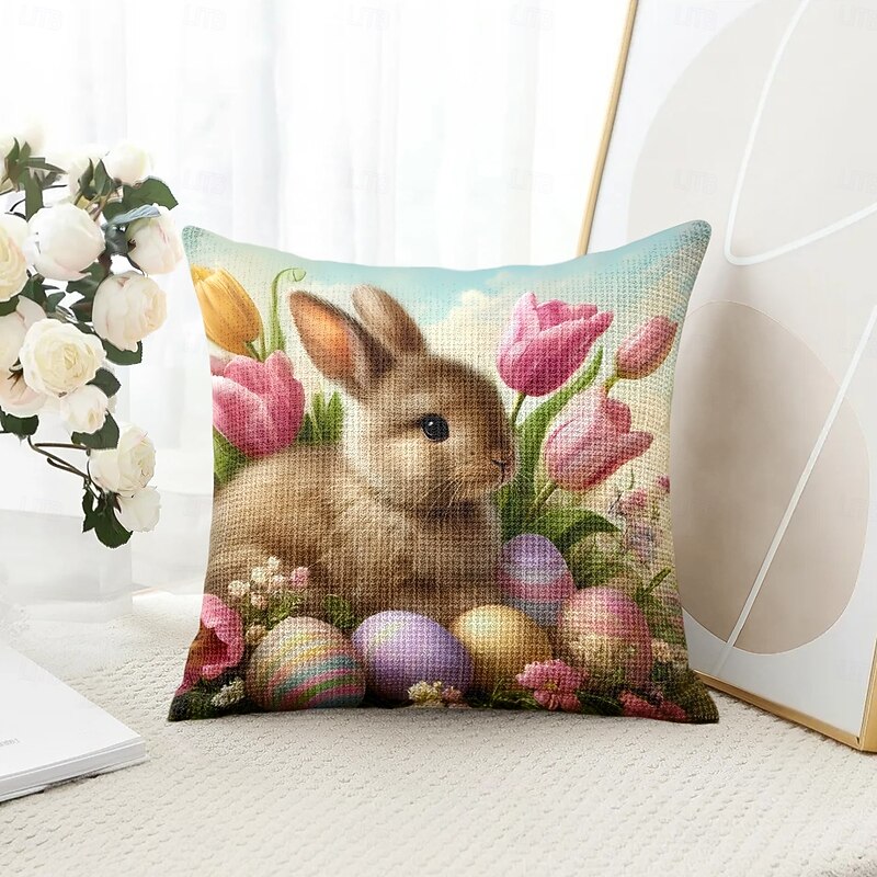 Easter Decorative Toss Pillows Cover 1PC Bunny Eggs Soft Square Couch Cushion Case Pillowcase for Bedroom Livingroom Sofa Chair