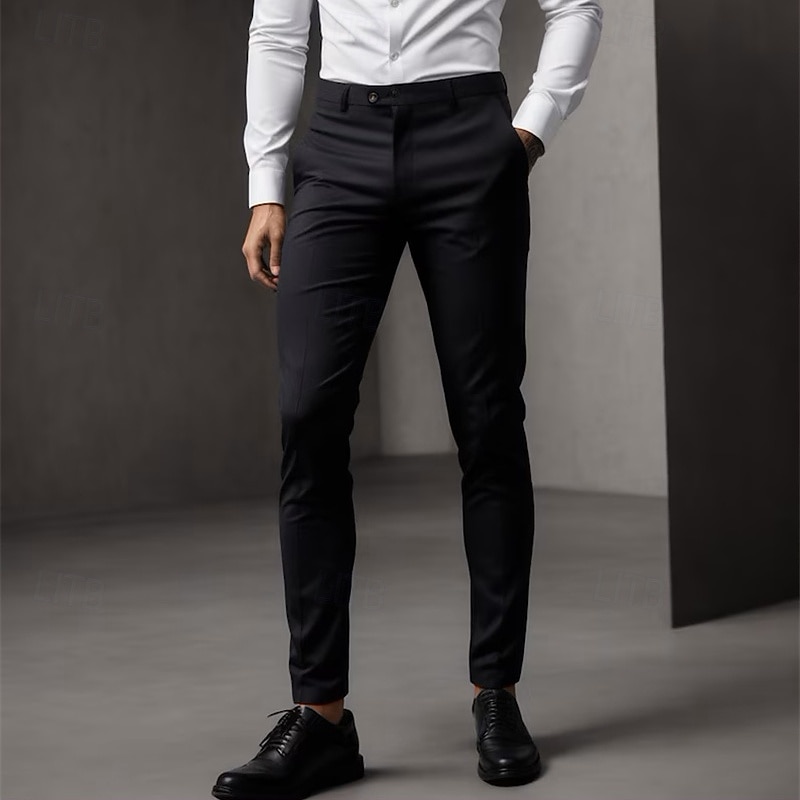 Men's Dress Pants Trousers Chinos Buttons Pocket Solid Color Comfort Ankle-Length Formal Party Work Fashion Classic Style Black Khaki Micro-elastic
