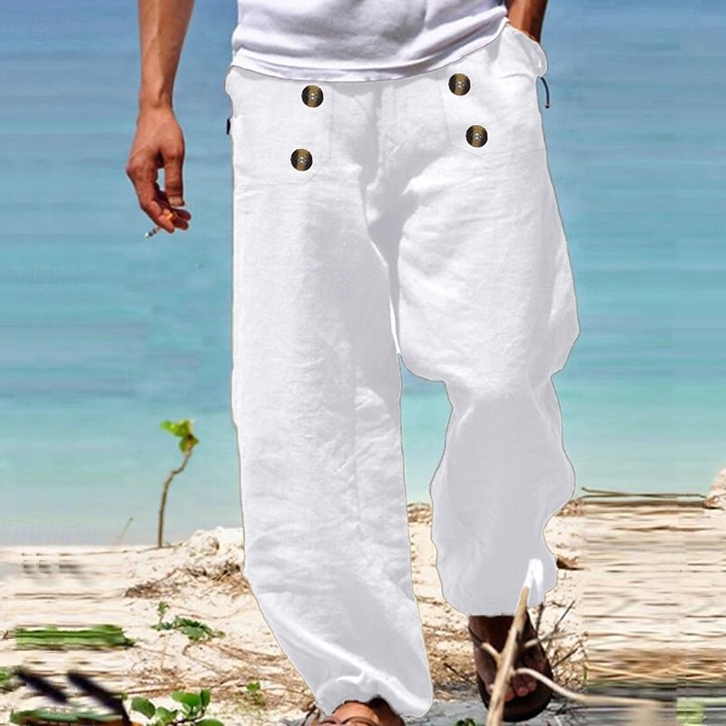 Men's Linen Pants Trousers Summer Pants Beach Pants Gauze Pants Buttons Drawstring Elastic Waist Plain Comfort Breathable Full Length Daily Holiday Beach Vacation Fashion Black White