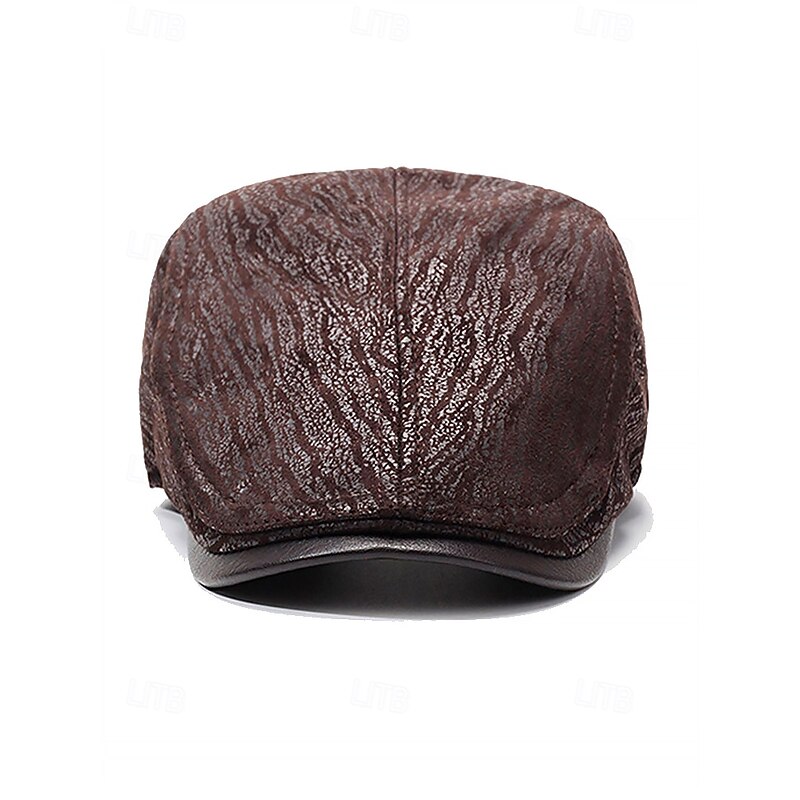 Vintage Brown Newsboy Beret Cap with Textured Pattern and Faux Leather Brim, Stylish Flat Cap for Men, Perfect for Casual Wear, Driving and Outdoor Activities3