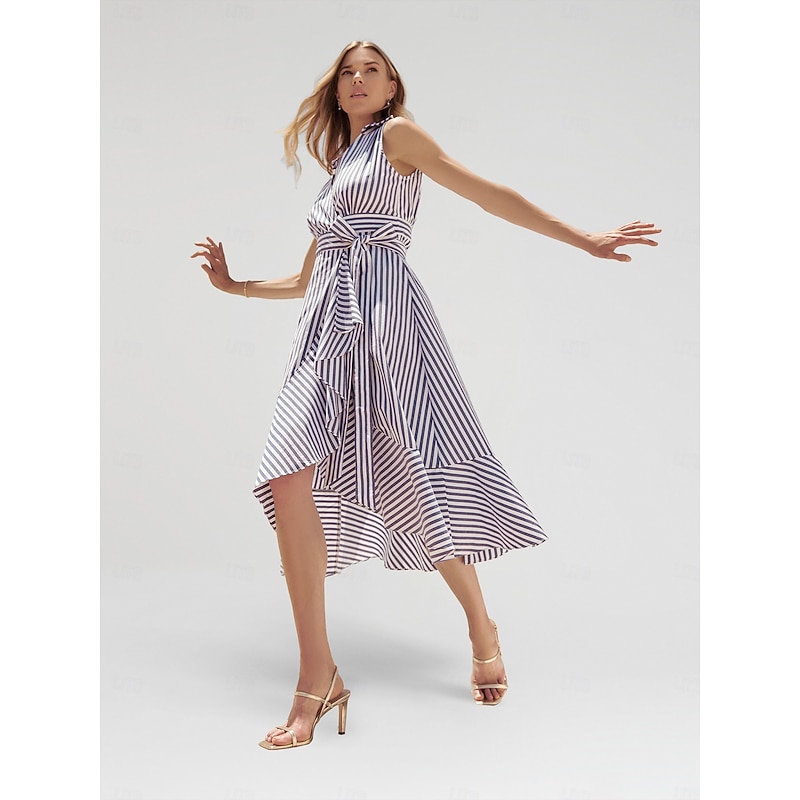 Cotton Stripe Tie Front Short Sleeve Maxi Dress4