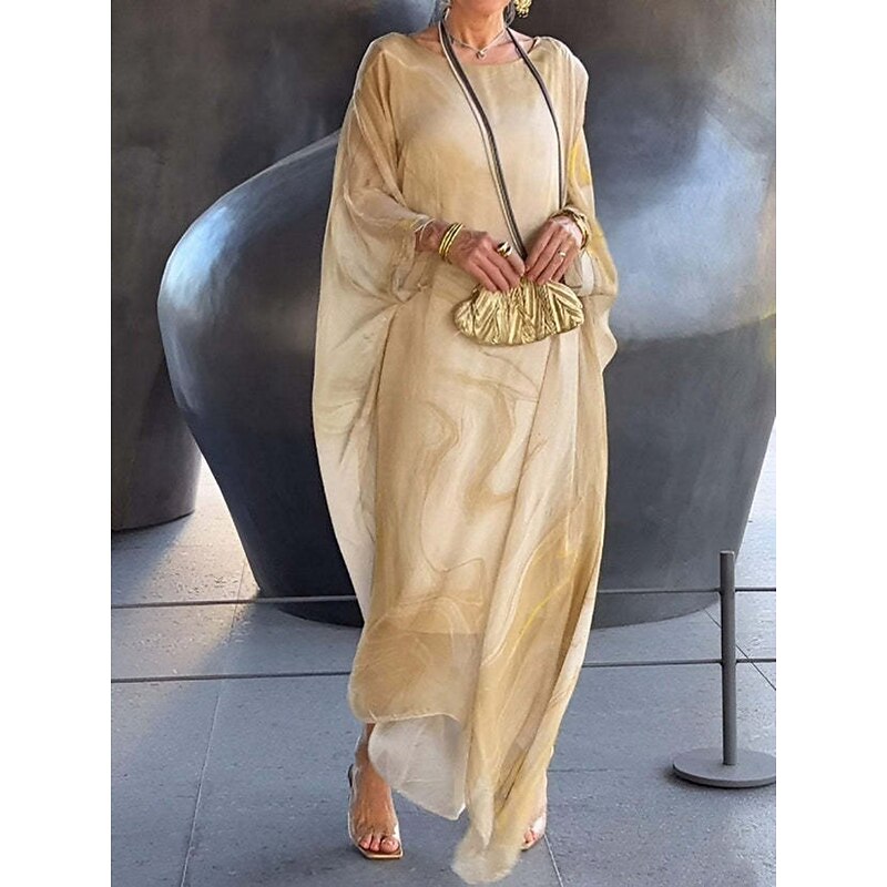 Women's Long Dress Maxi Dress Cocktail Dress Wedding Guest Dress Chiffon Fashion Modern Outdoor Vacation Loose Fit Marble Long Sleeve Crew Neck Yellow Blue Gray Summer Spring4