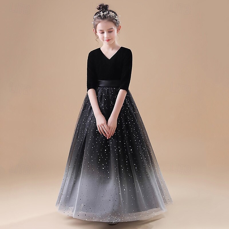 Flower Girl Dress Kid's Girls' Princess Dress Performance Wedding Party Elegant Beautiful Mesh Gradient Half Sleeve V Neck Black Blue 4 years+4