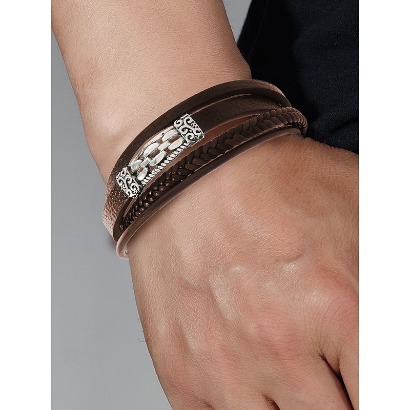 Men's Viking Style Faux Leather Multilayer Bracelet – Braided Design with Stainless Steel Charm, Adjustable Nordic Wristband for Casual and Formal Occasions2