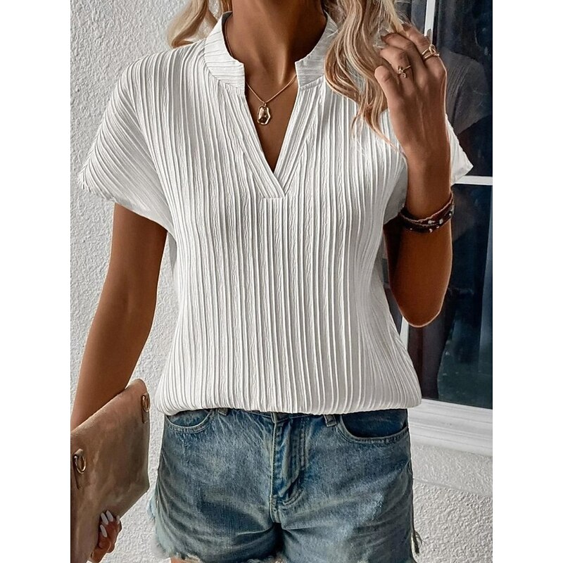 Women's T Shirt Plain Basic Casual Short Sleeve Notched Neck Regular Tops Daily Weekend White Blue Summer