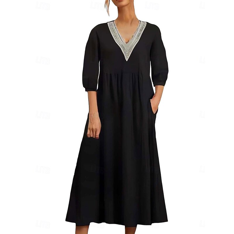 Women's Midi Dress Elegant Vintage Stylish Lantern Sleeve Vacation Daily Regular Fit Plain 3/4 Length Sleeve V Neck Black White Summer Spring Fall4