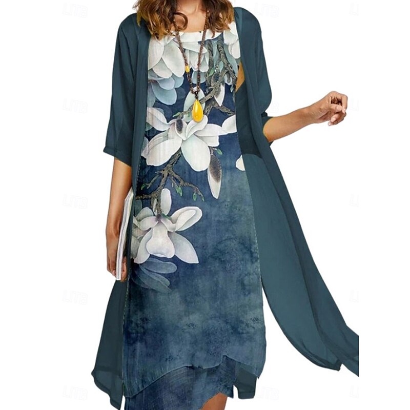 Women's Dress Set Casual Dress Elegant Fashion Floral Print Asymmetrical Midi Dress Long Sleeve Crew Neck Outdoor Vacation Blue Purple Dark Blue Summer Spring Regular Fit